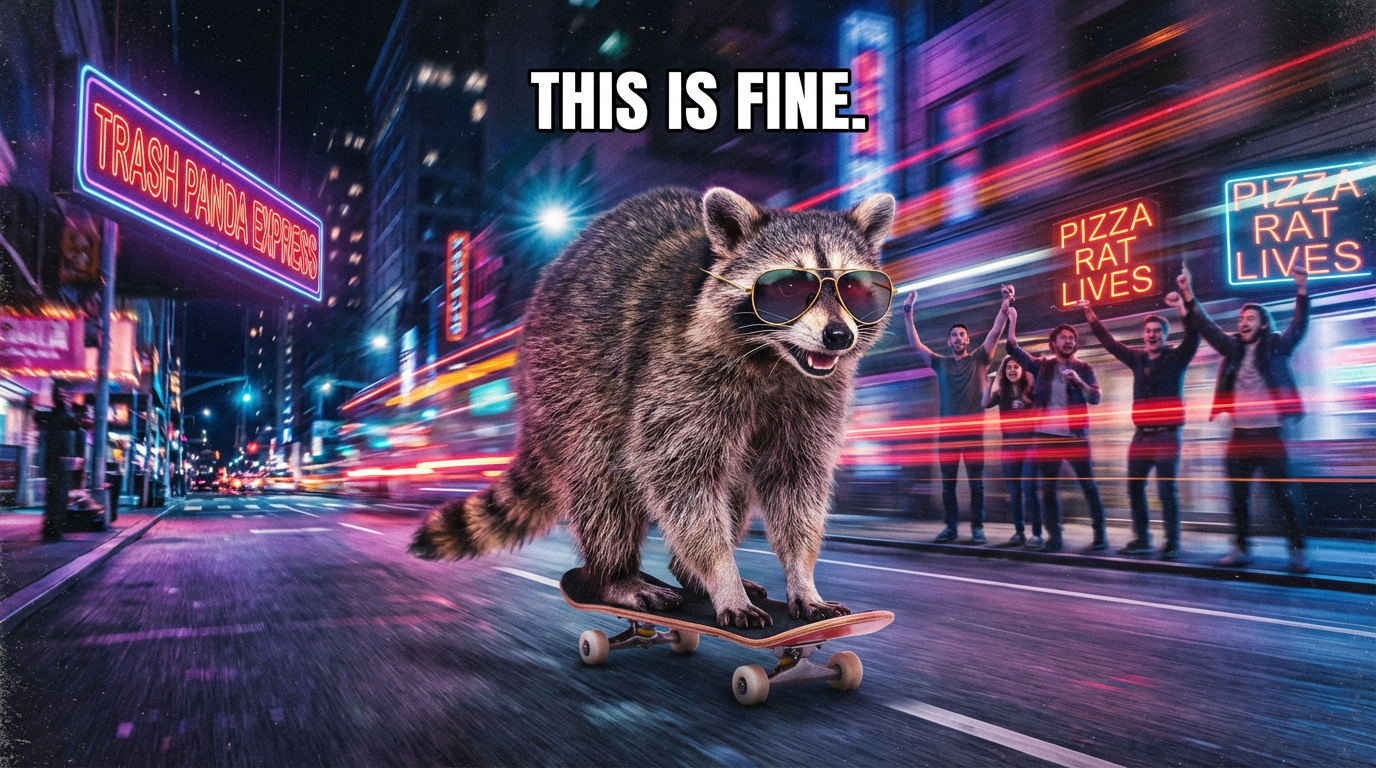 A raccoon wearing sunglasses riding a tiny skateboard through a neon-lit city street at night, cool and hilarious viral meme energy