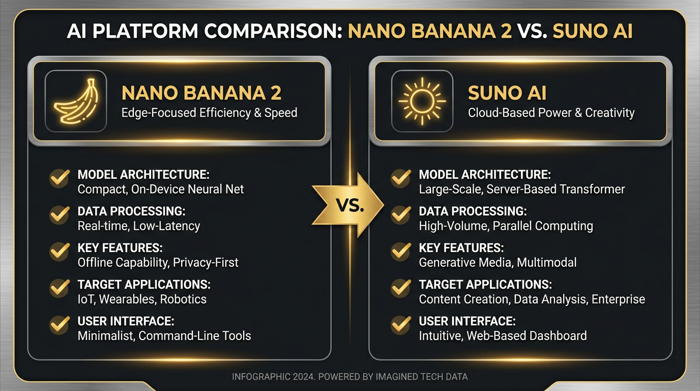 Side by side AI platform comparison between Nano Banana 2 and Suno AI