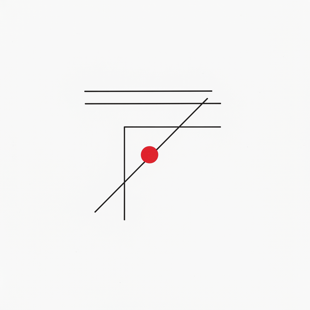 Minimalist AI art style abstract composition with three thin black lines, single small red circle, and clean white negative space in a Bauhaus-inspired layout