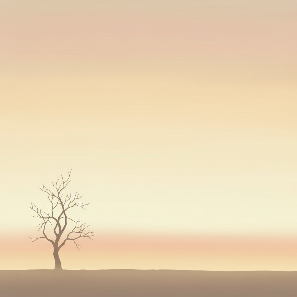 Minimalist AI art style landscape with a single bare tree silhouette on a soft beige horizon and abundant zen negative space