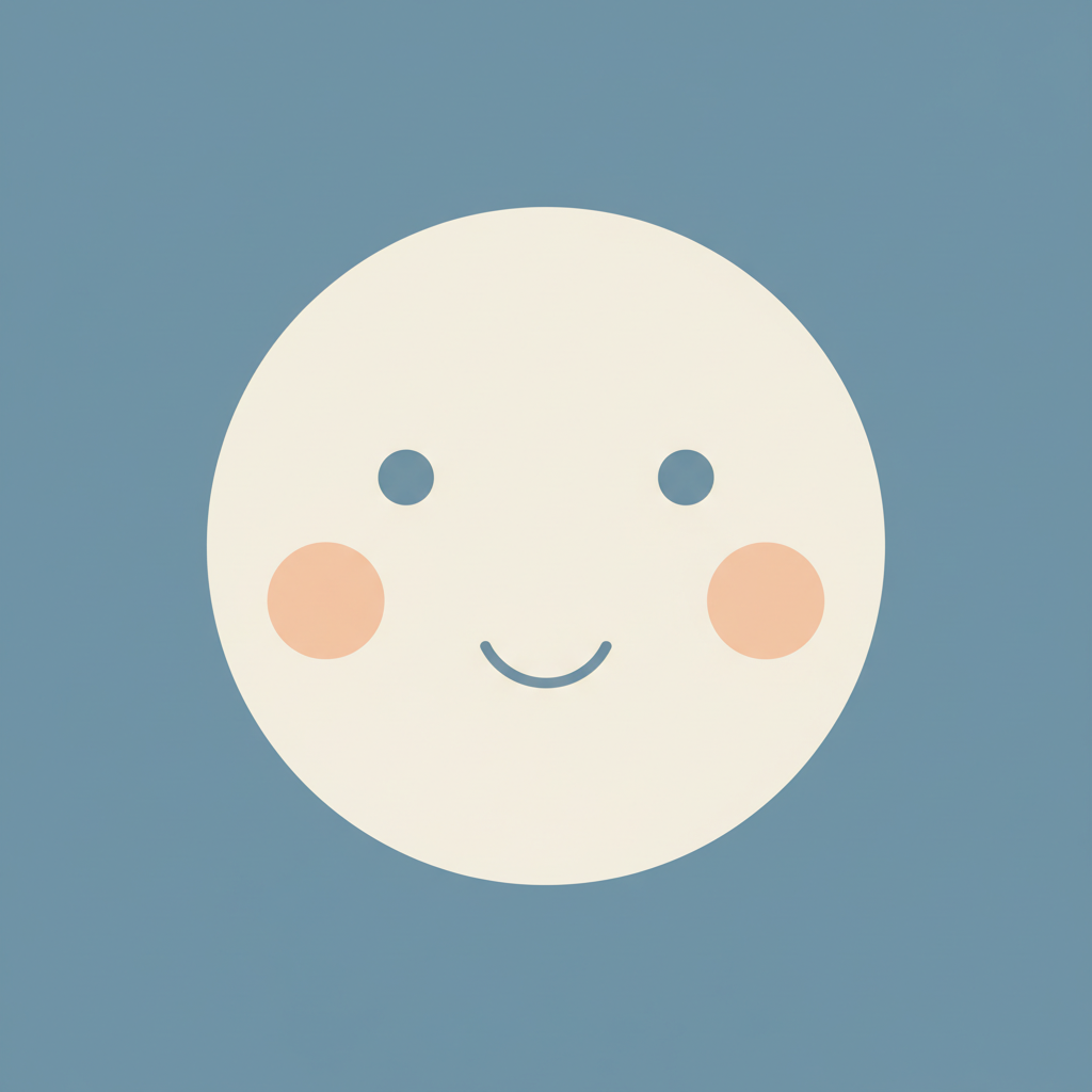 Minimalist AI art style geometric portrait built from flat color shapes — circle face, dot eyes, single curved smile — in cream, blush, and dusty blue pastel tones