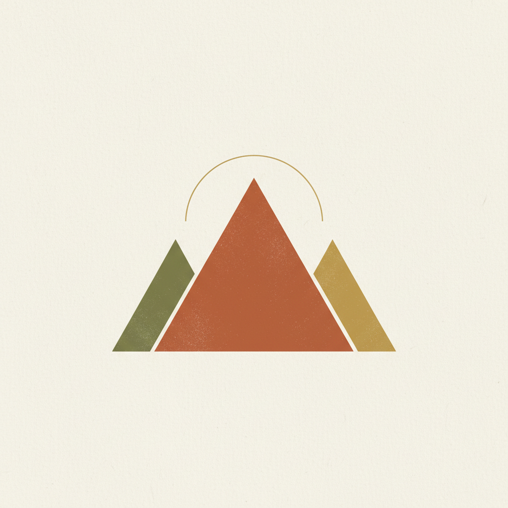 Minimalist AI art style mountain range with three overlapping flat triangular peaks in muted earth tones and a thin sun arc in mid-century modern style