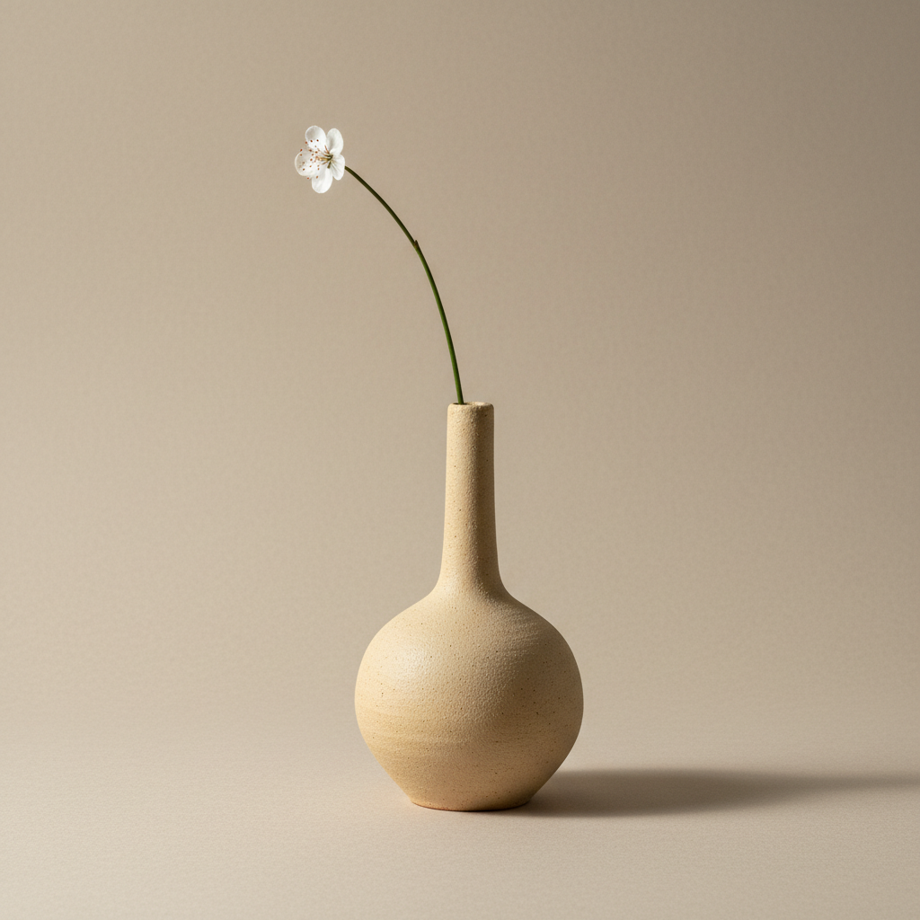 Minimalist AI art style still life of a single ceramic vase with one slender stem and a tiny blossom on a neutral cream background