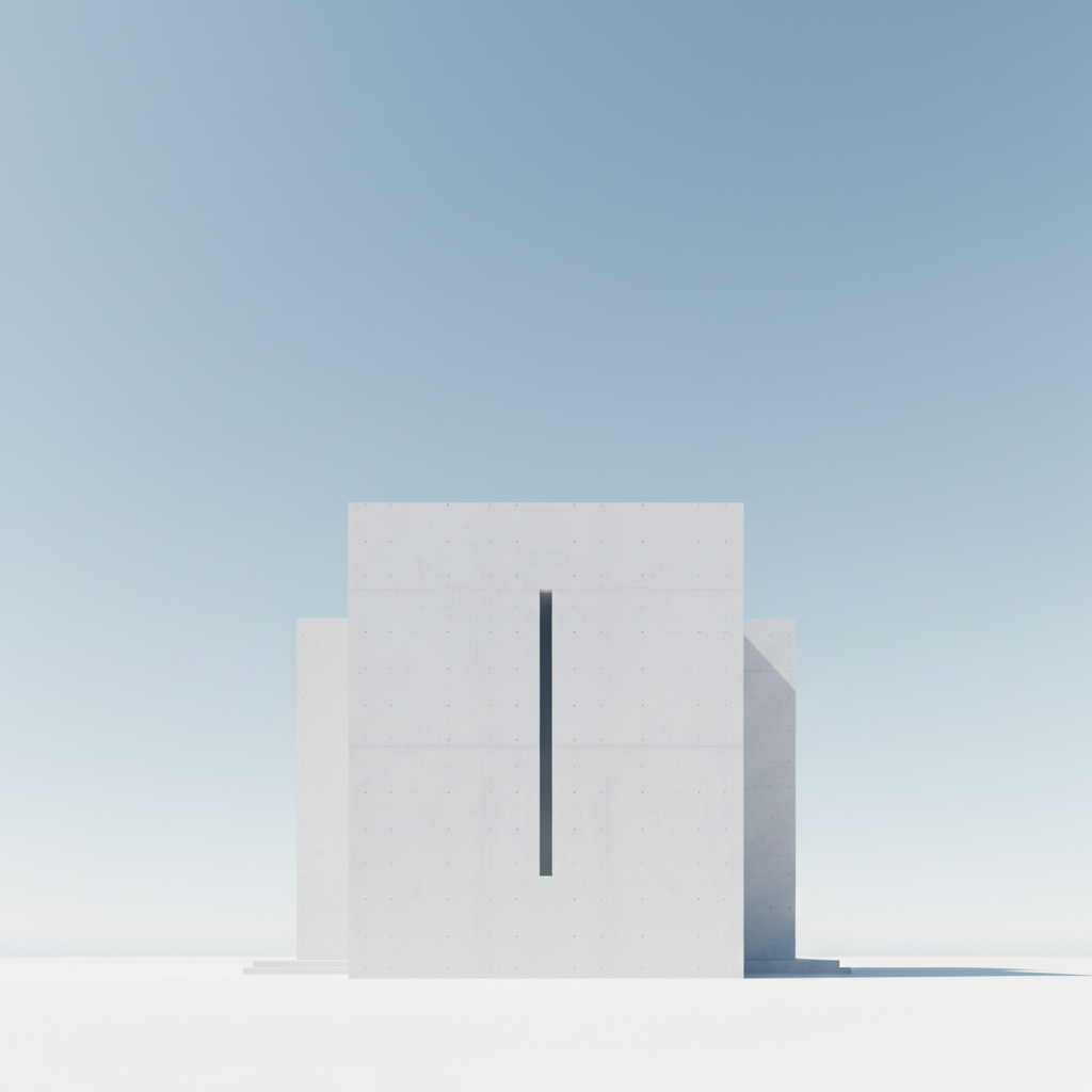 Minimalist AI art style modernist white building with one narrow window against a pale blue sky in Bauhaus and Tadao Ando inspired architectural composition