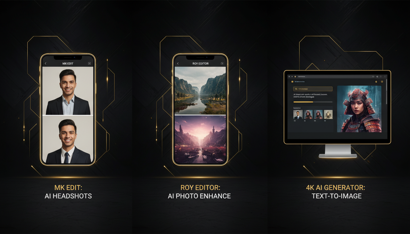 MK Edit vs Roy Editor three-way comparison hero — left the MK Edit mobile app turning a selfie into an AI headshot, center the Roy Editor mobile app applying an AI photo edit, right a browser 4K AI image generator producing a photorealistic portrait from a text prompt, dark theme yellow accents
