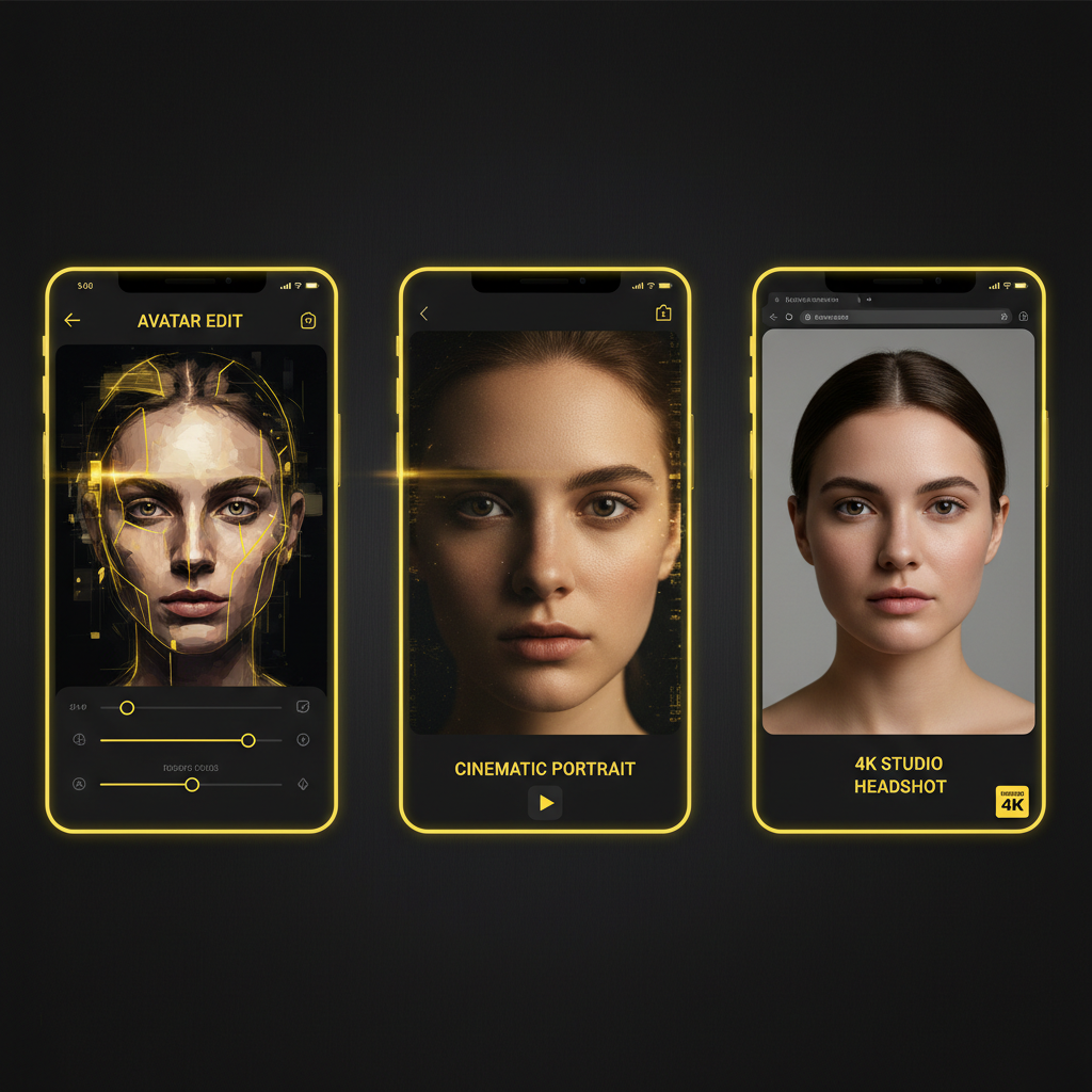 MK Edit vs Roy Editor output quality comparison — a mobile AI avatar edit, a mobile AI cinematic portrait, and a crisp browser-generated 4K photorealistic studio headshot with natural skin texture side by side, dark theme
