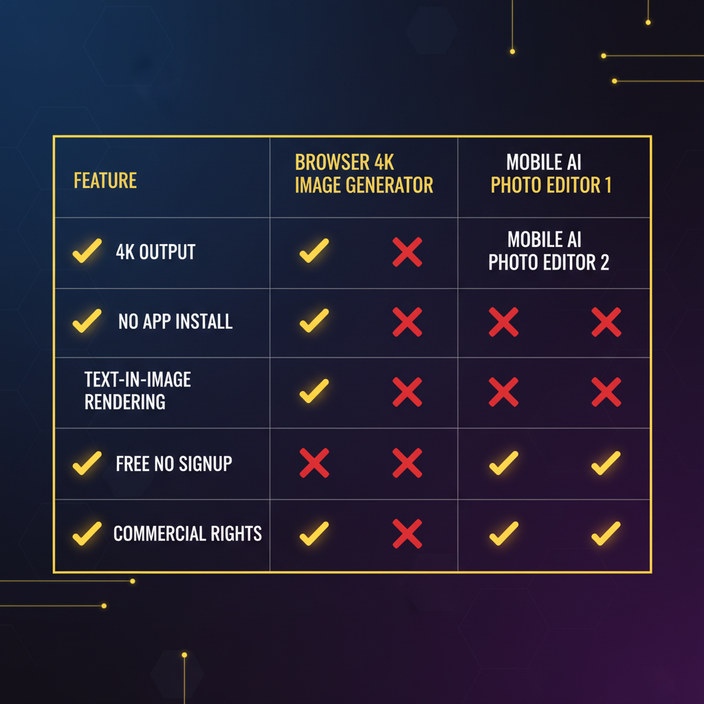 MK Edit vs Roy Editor feature comparison infographic — a dark UI table comparing a browser 4K AI image generator against two mobile AI photo editing apps across 4K output, no app install, text-in-image rendering, free no signup, and commercial rights with yellow checkmarks