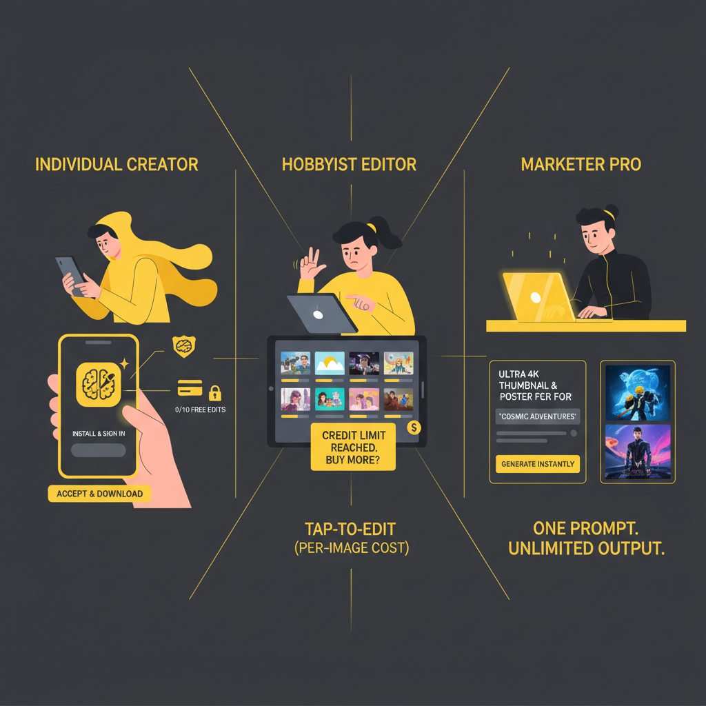 MK Edit vs Roy Editor workflow contrast — left a person installing and signing into a mobile AI editing app, center a person tapping through credit-limited edits, right a marketer typing one prompt into a browser AI image generator for an instant 4K thumbnail and poster, dark theme