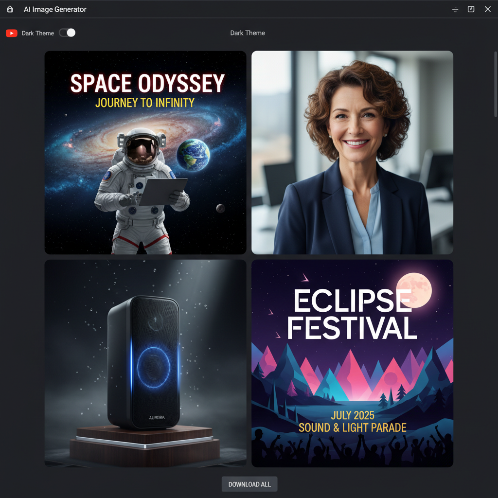 MK Edit vs Roy Editor use-case showcase — a grid of browser 4K AI image generator output including a photoreal YouTube thumbnail with bold readable text, a professional AI headshot, a cinematic product photo, and an event poster, professional 4K quality dark theme