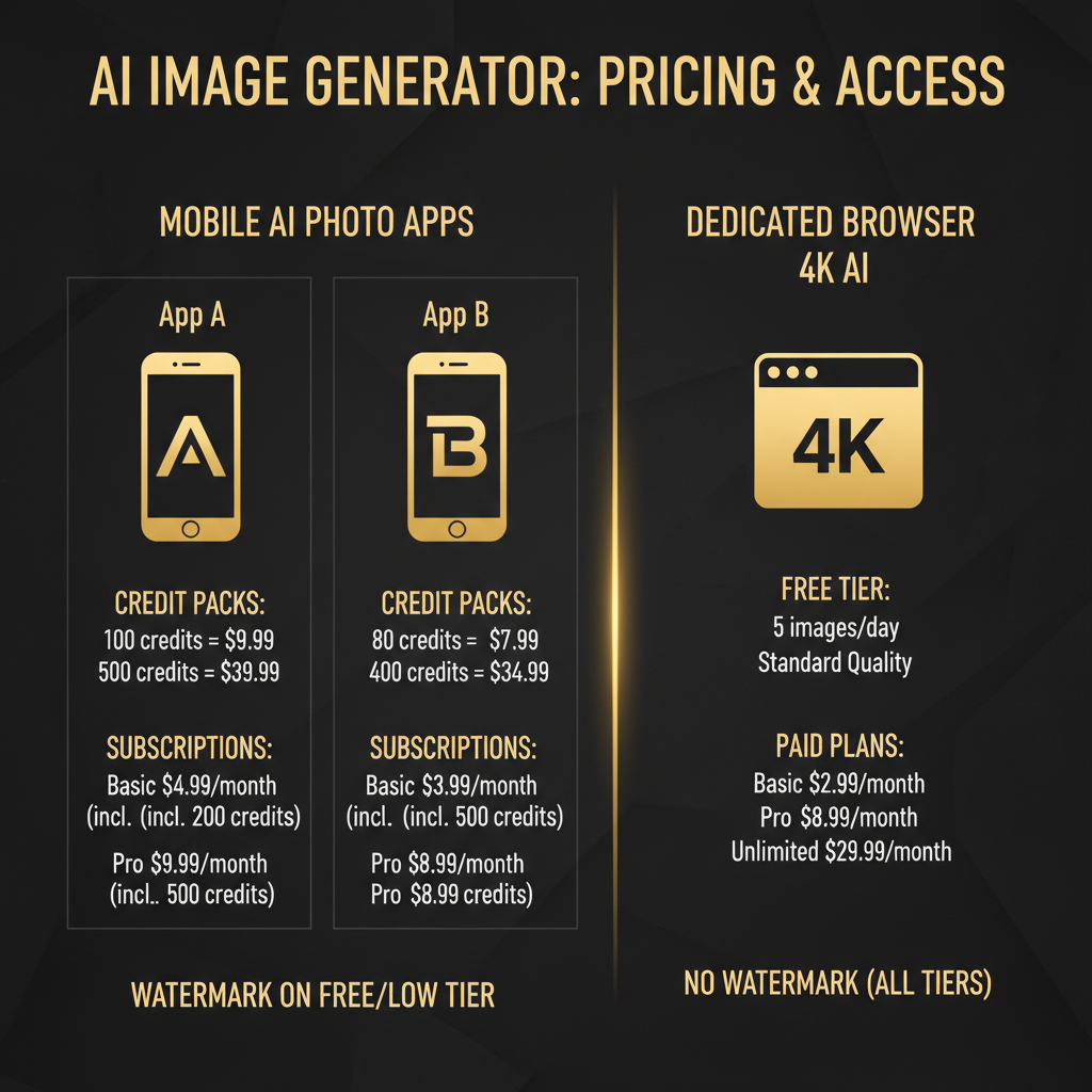 MK Edit vs Roy Editor pricing and access comparison infographic — two mobile AI photo apps with credit packs, subscriptions, and watermarks, versus a dedicated browser 4K AI image generator with a free tier and plans from 2.99 dollars per month and no watermark, gold and dark theme