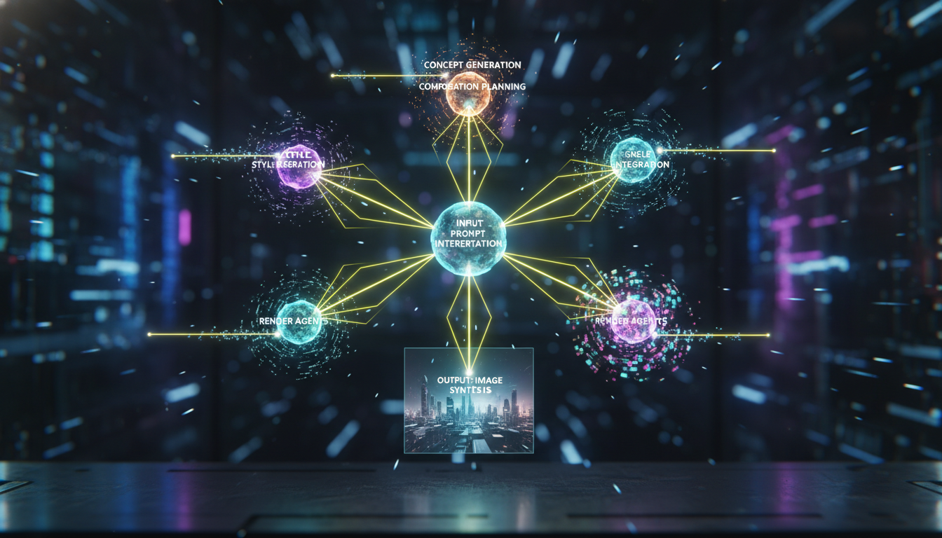 Multi-agent AI image generation hero — futuristic workflow diagram with multiple glowing AI agent nodes connected by neon yellow data streams, dark cinematic background, 3D holographic interface, professional tech aesthetic
