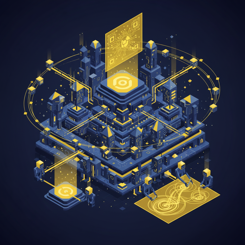 Multi-agent AI image generation — collaborative AI agents working together to create a detailed illustration, abstract visualization of agents passing tasks between each other, isometric perspective, deep navy and yellow palette