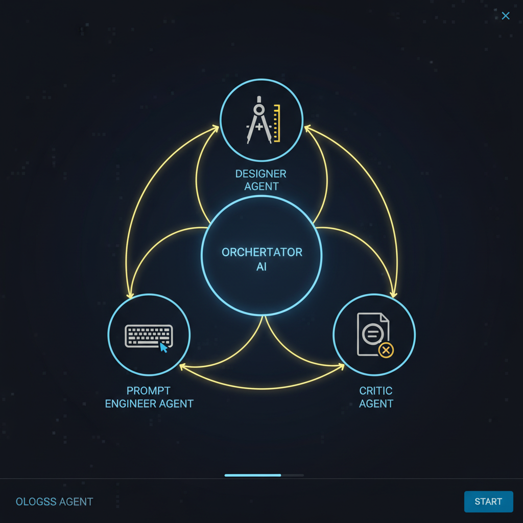 Multi-agent AI image generation — network of specialized AI agents including designer agent, prompt engineer agent, and critic agent, each with unique icons, connected in a circular orchestration graph, dark mode UI