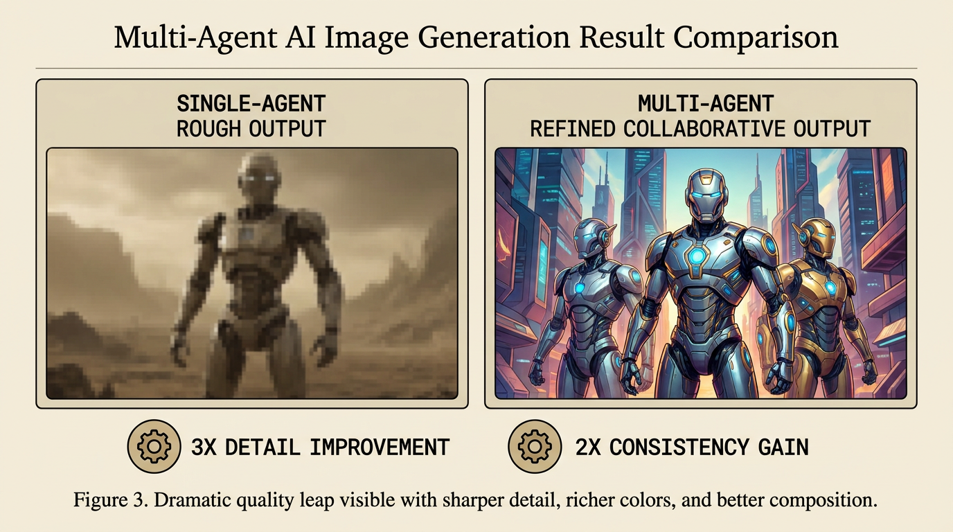 Multi-agent AI image generation — orchestration concept art with central conductor AI surrounded by smaller specialist AI agents producing fragmented image pieces that assemble into a final masterpiece, dramatic lighting