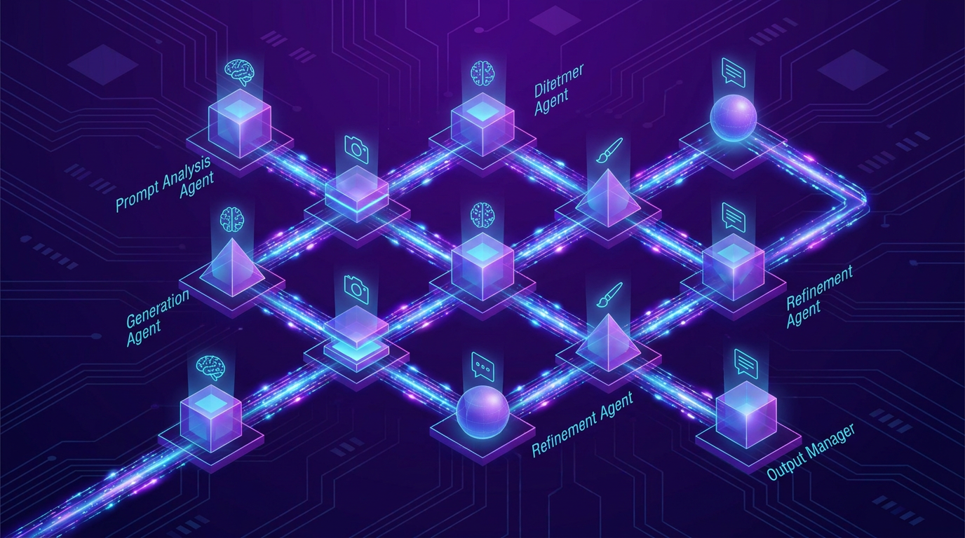 Multi-agent AI image generation — side-by-side comparison showing single AI generating a basic image versus multi-agent team producing a richly detailed complex composition, split screen visualization, dark UI mockup