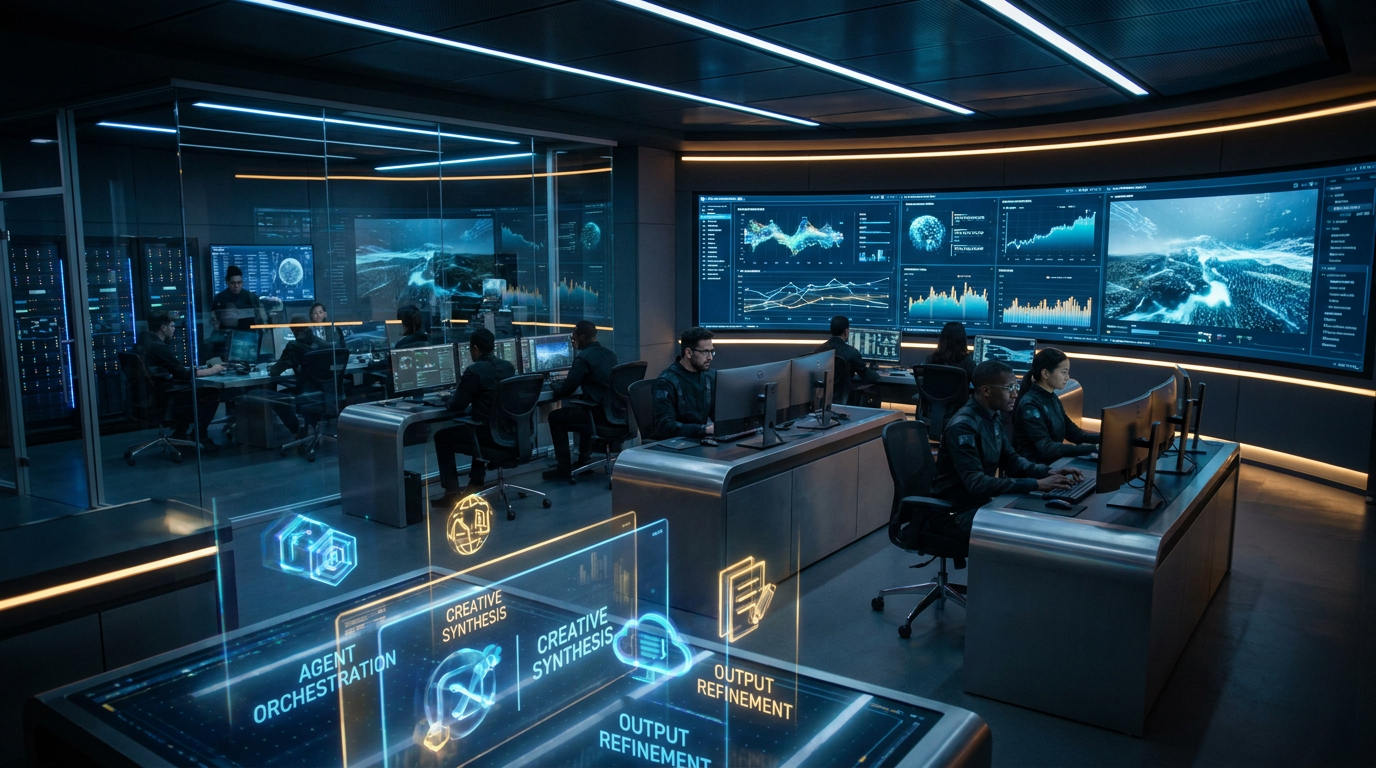 Multi-agent AI image generation — researcher developer at futuristic workstation supervising multiple AI agents on multi-screen display, screens showing agents collaborating on image generation tasks, dark cyberpunk lab