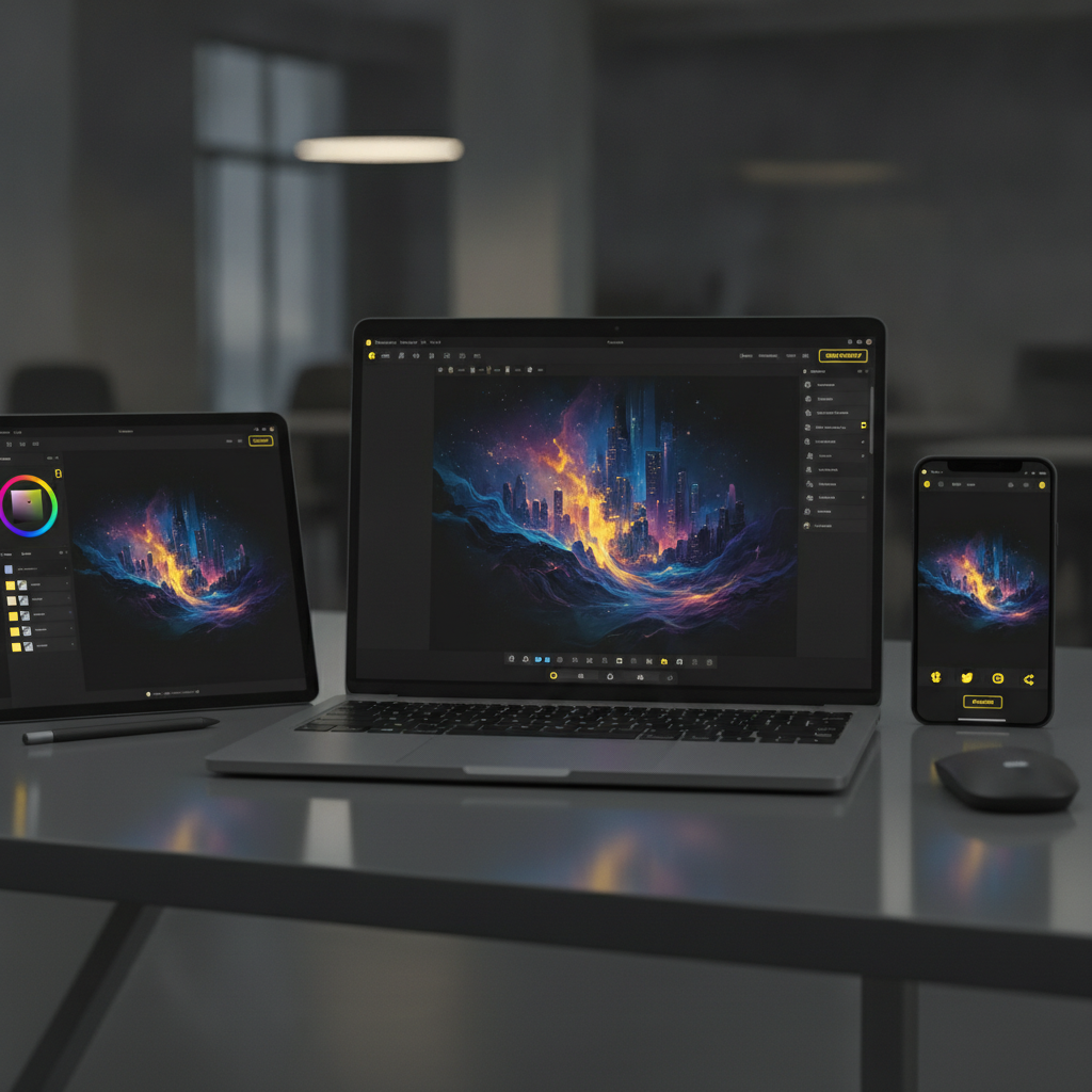 Multi-platform AI image tool showing AI-generated artwork on a laptop, tablet, and smartphone arranged on a sleek desk