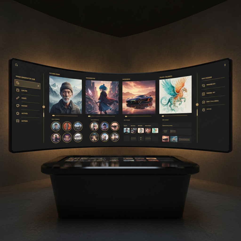 Gallery of diverse AI-generated images in photorealistic, anime, 3D render, and watercolor styles in a unified multi-platform dashboard