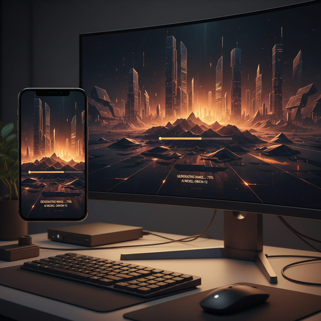 A smartphone and a desktop monitor both showing the same AI image generation in progress with seamless cross-device synchronization