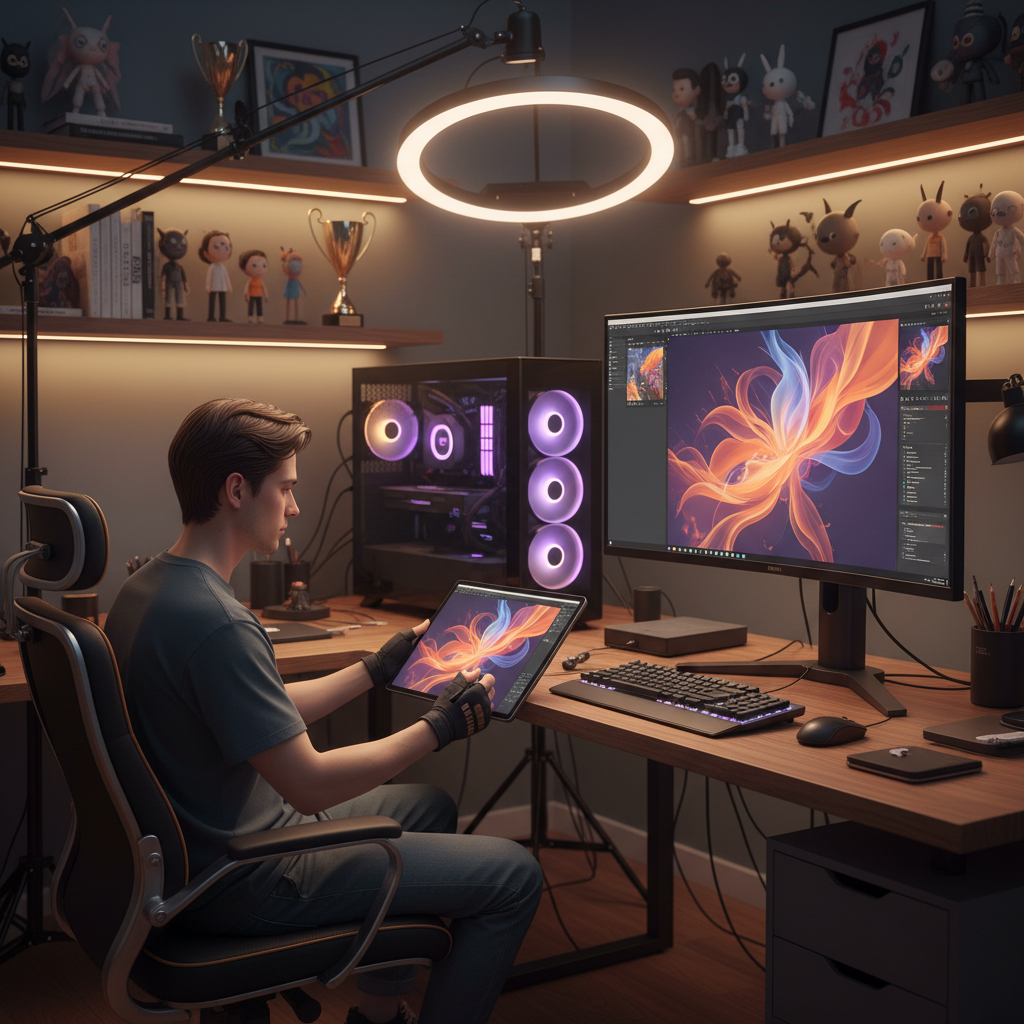 A digital artist creating images on a tablet while the same project syncs to a desktop computer using the multi-platform AI image tool