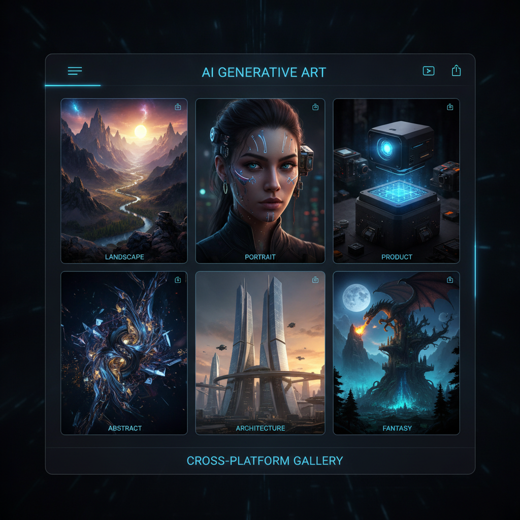 Grid of six 4K AI-generated images across landscape, portrait, product, abstract, architecture, and fantasy categories on a cross-platform interface