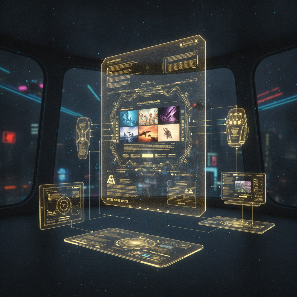 Futuristic holographic interface showing AI image generation accessible from multiple devices simultaneously