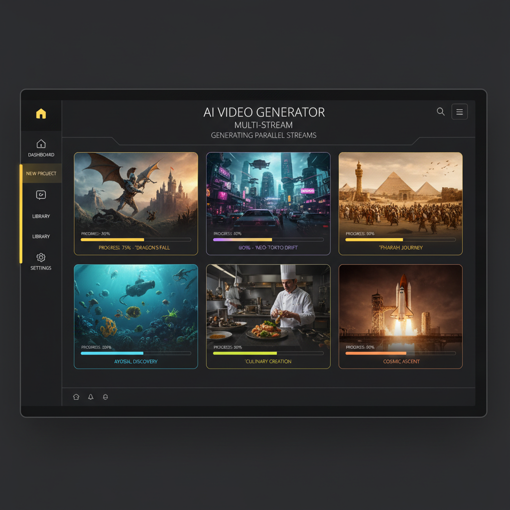 Multi-stream AI video generator dashboard rendering six parallel cinematic video streams with progress bars on a sleek dark UI with yellow gradient highlights