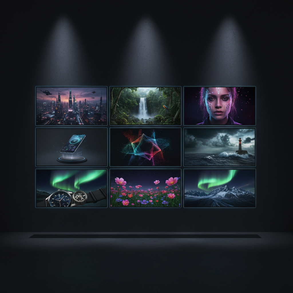 Wall of nine glowing AI-generated video panels playing different scenes simultaneously including cityscape, nature, product, portrait, motion, and ocean in a coordinated multi-stream broadcast layout