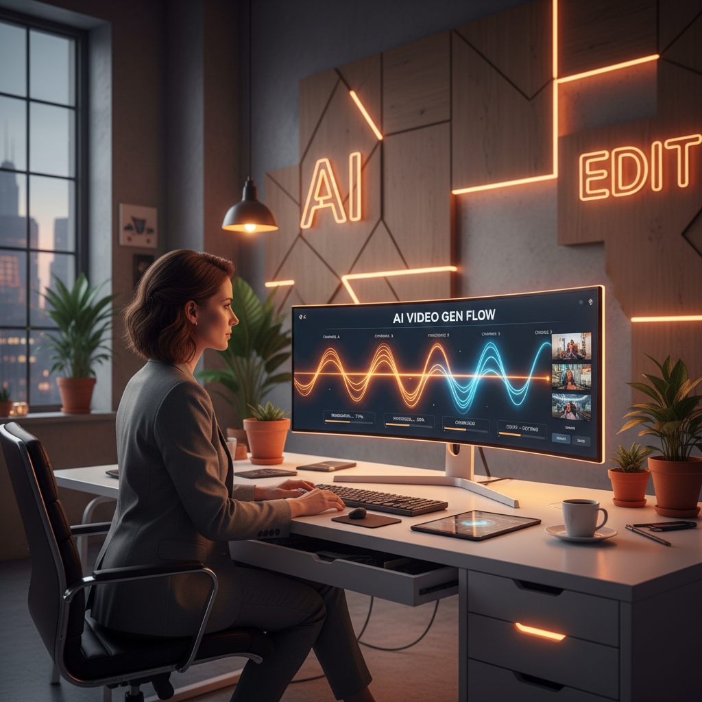 Creative director reviewing a multi-channel AI video generation workflow on a curved ultra-wide monitor with four parallel render pipelines under warm amber rim lighting