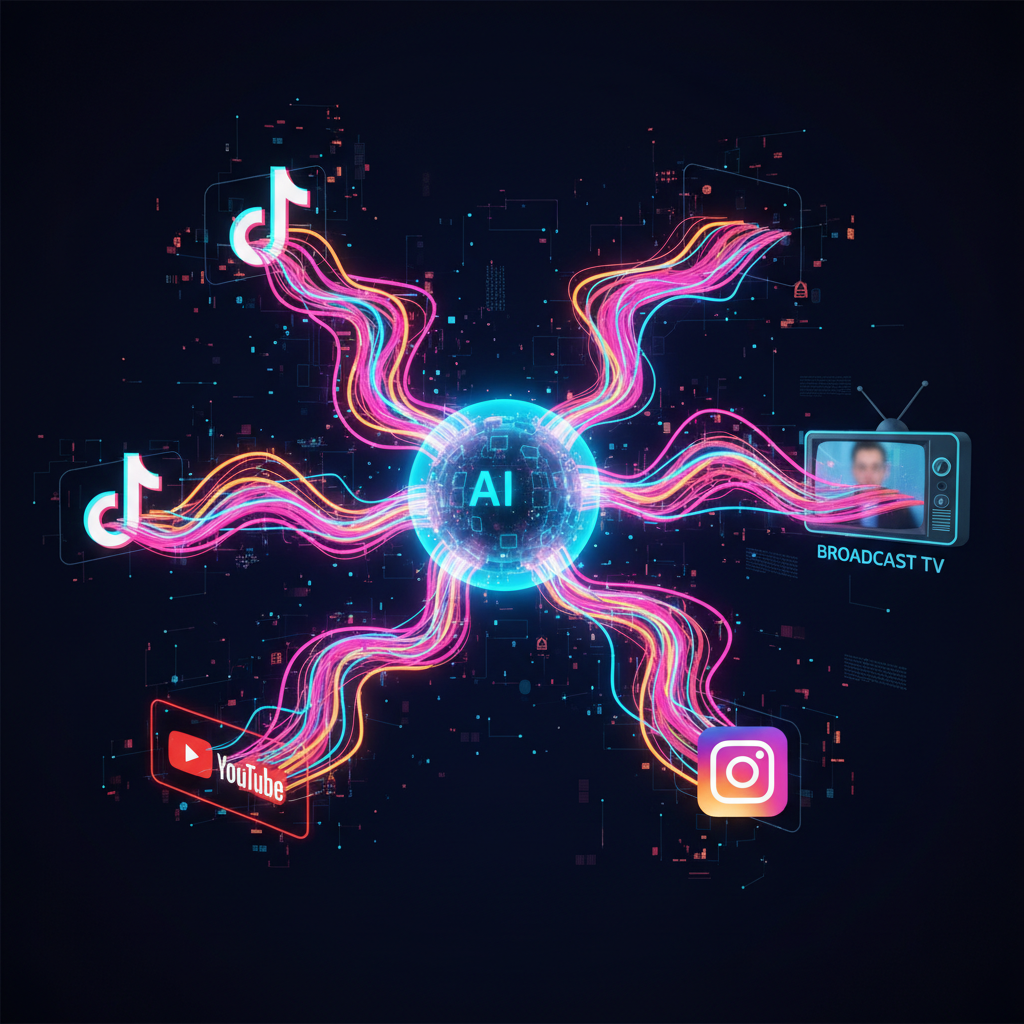Network of interconnected video streams flowing from a central glowing AI core into multiple output channels — TikTok, YouTube, Instagram, broadcast — with neon magenta and amber ribbons on deep navy