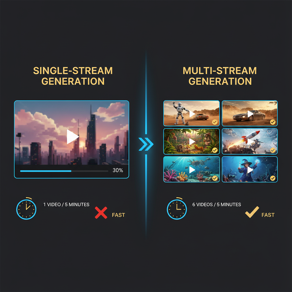 Side-by-side comparison of single-stream and multi-stream AI video generation showing one slow render versus six parallel videos completing simultaneously with golden checkmarks