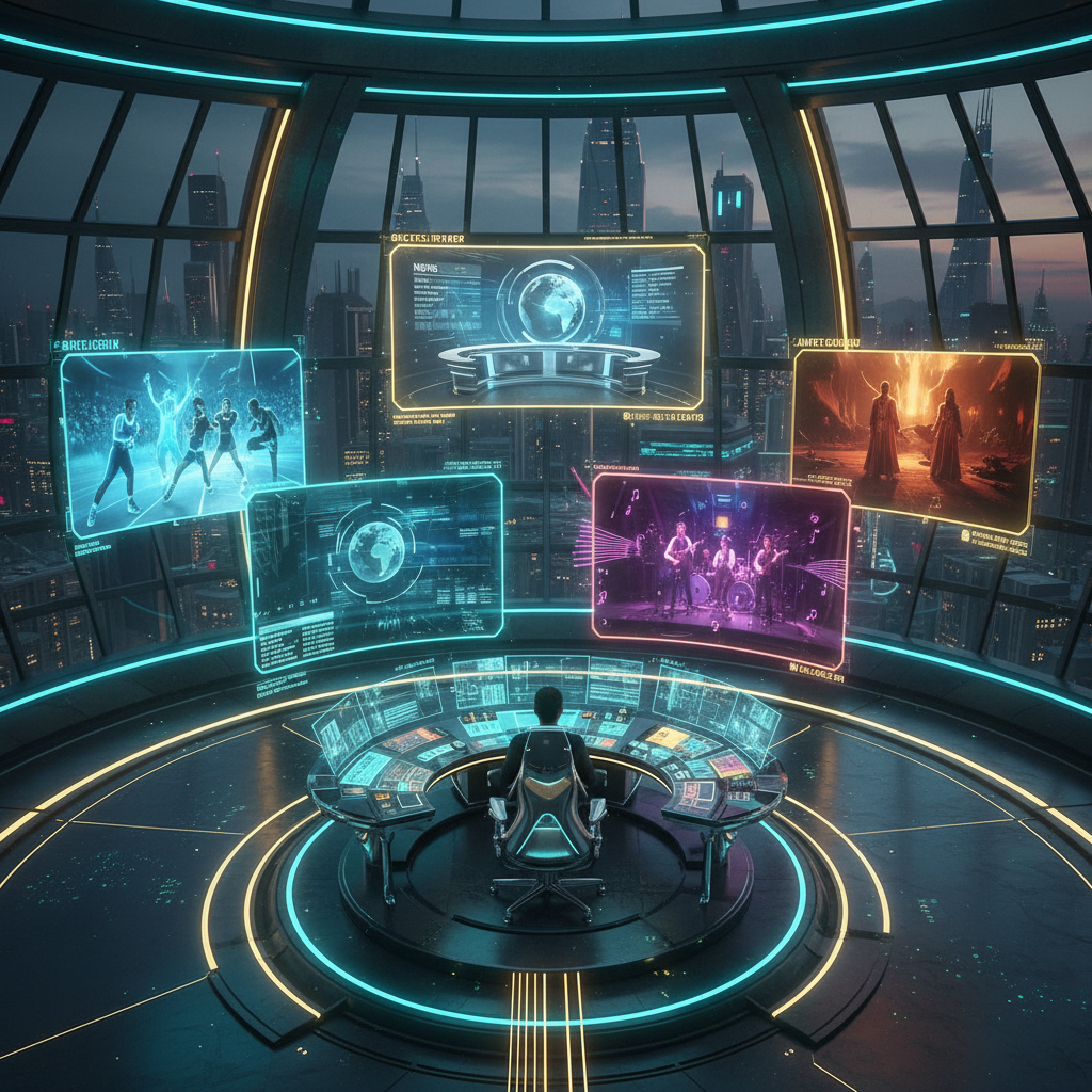 Futuristic AI broadcast studio with multiple holographic video streams floating around an operator depicting sports, news, music, and drama content in cinematic teal and amber lighting