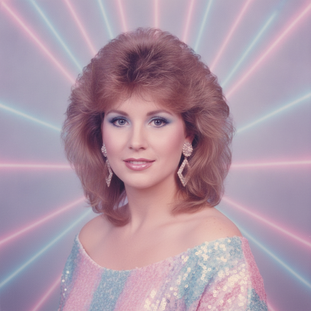 1980s AI photo in retro mall glamour shot style with feathered permed hair, pastel laser backdrop, and soft 80s studio lighting