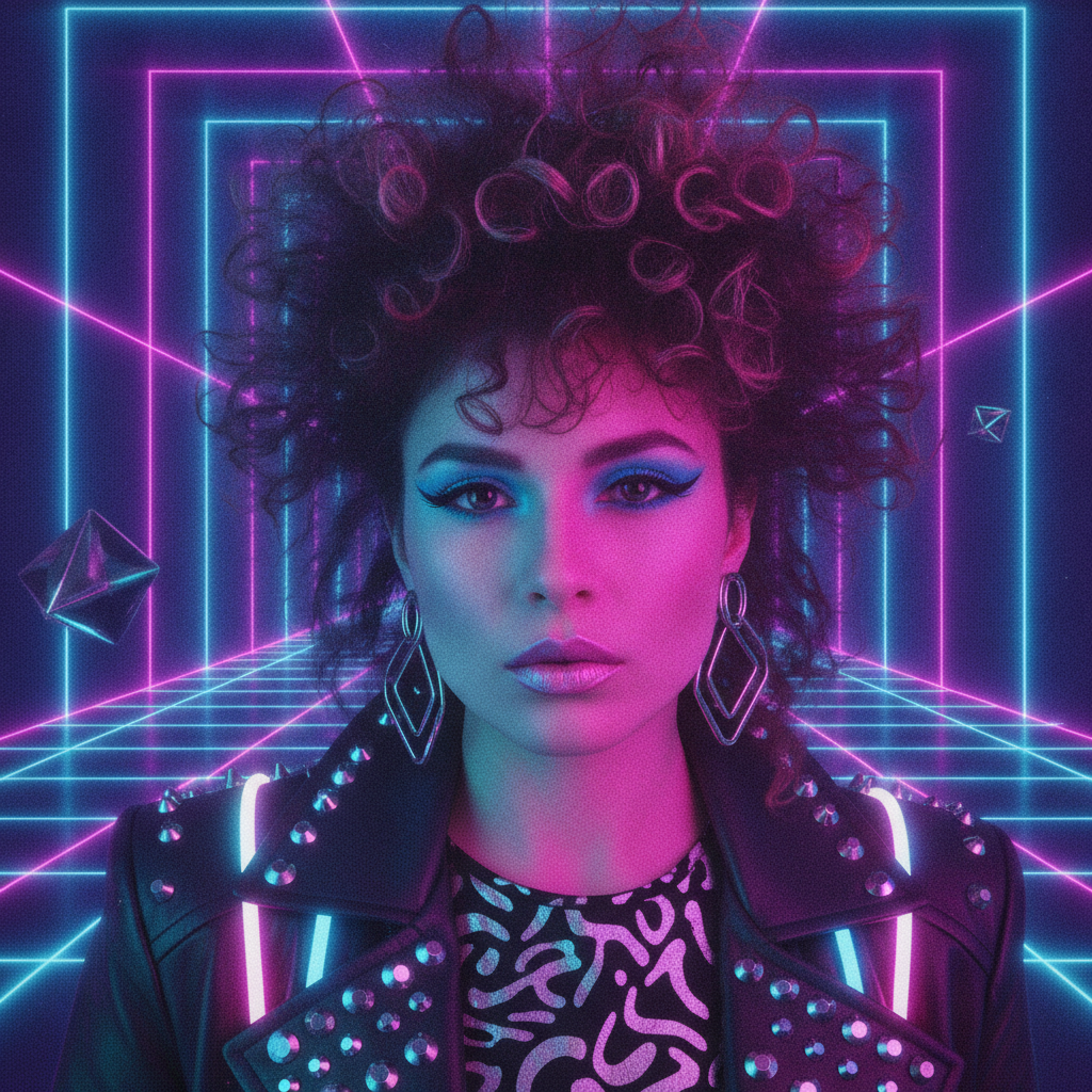 1980s AI photo in neon synthwave style with magenta and cyan lights, big teased hair, and a retro laser grid background