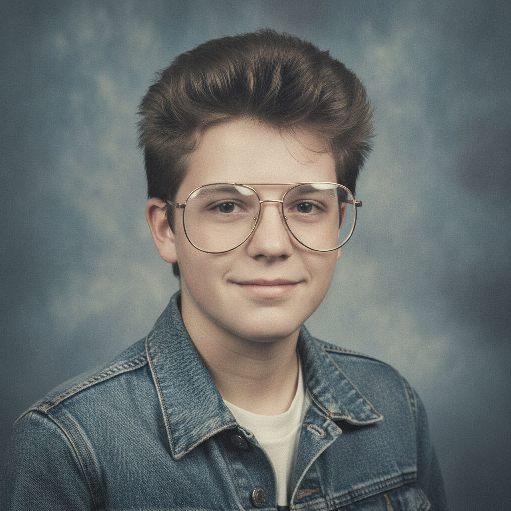 1980s AI photo styled as a faded high school yearbook portrait with feathered hair, denim jacket, and mottled blue backdrop