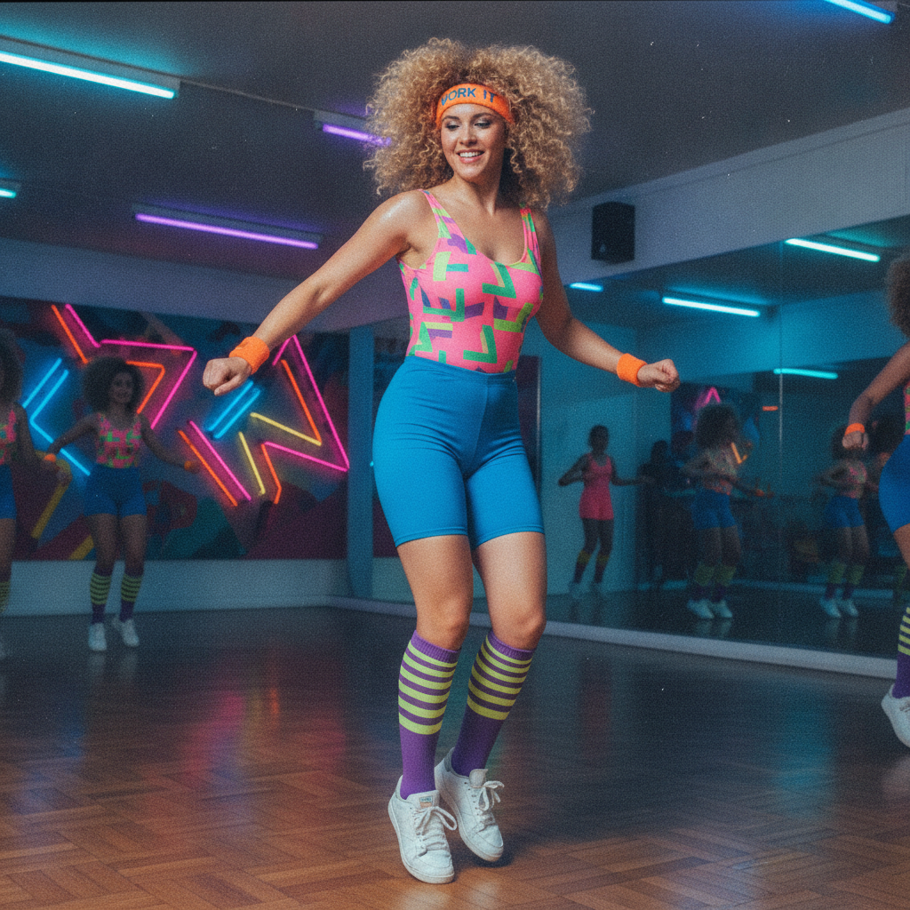 1980s AI photo in aerobics workout style with neon spandex, leg warmers, a sweatband, and big permed hair