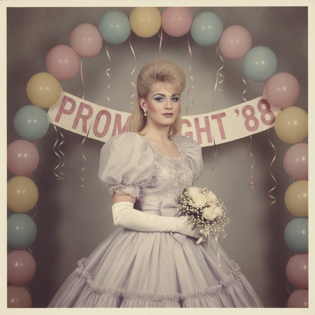 1980s AI photo styled as a nostalgic 80s prom photo with a pastel puffy-sleeve dress and balloon-arch background