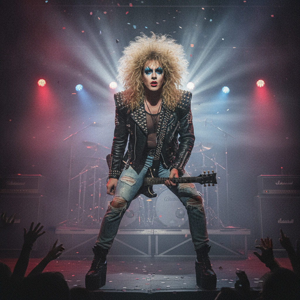 1980s AI photo as an 80s glam rock star with big hair-metal hair, leather jacket, and moody concert lighting