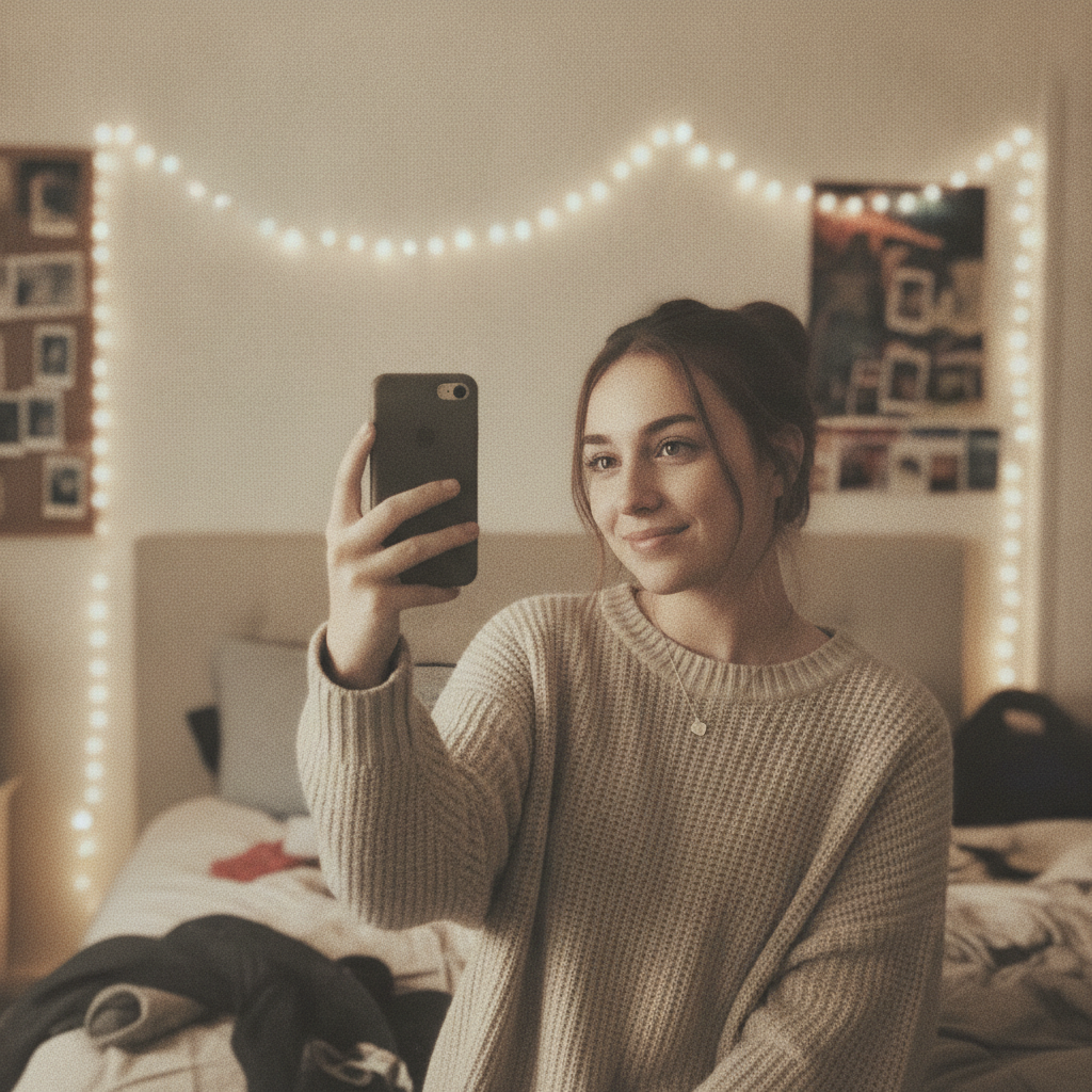 2016 nostalgia grid AI photo of a faded VSCO-filtered selfie with warm beige tint and soft film grain