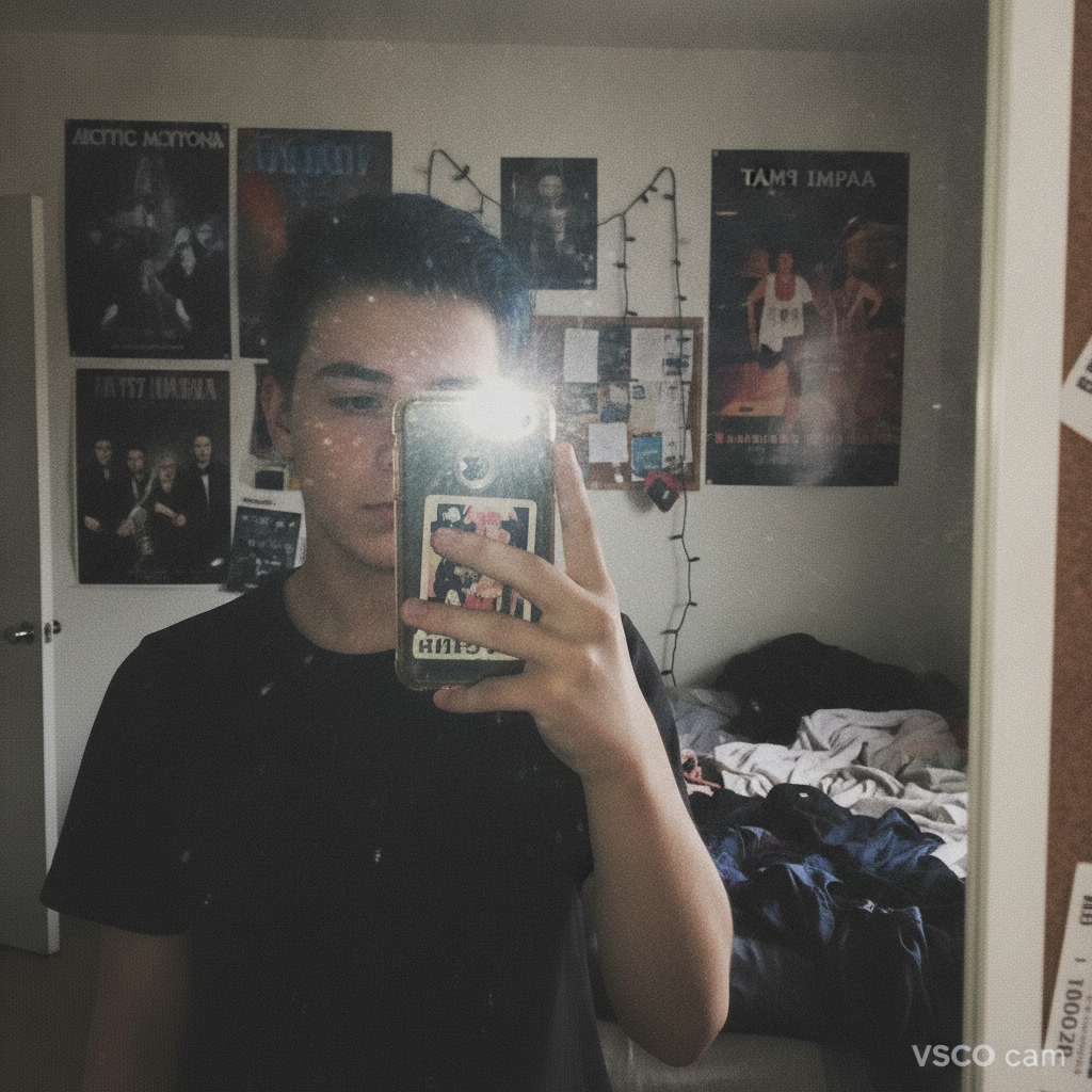 2016 nostalgia grid AI photo of a flash mirror selfie on an old smartphone in a mid-2010s teen bedroom