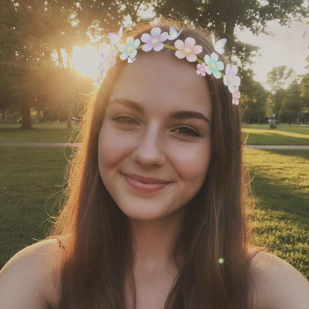 2016 nostalgia grid AI photo with a Snapchat flower crown aesthetic in warm golden hour light