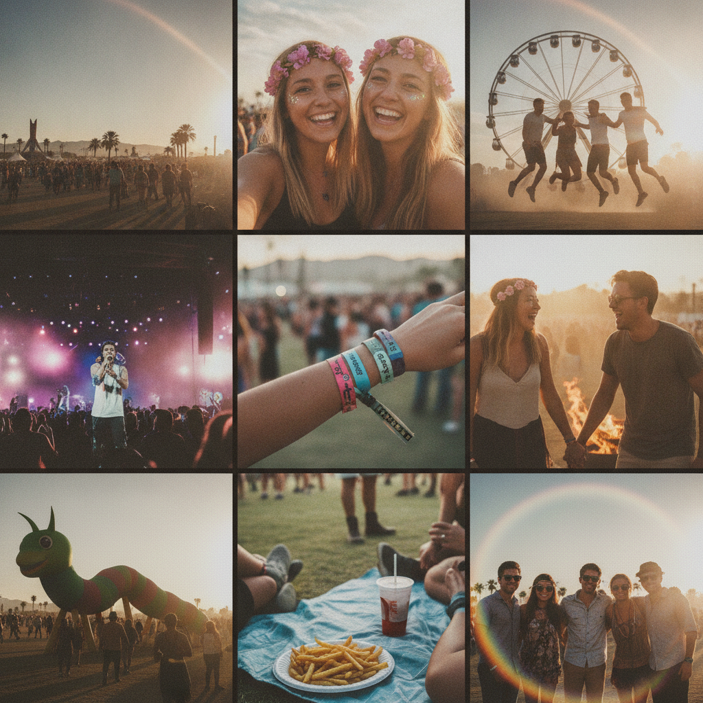 2016 nostalgia grid AI photo of a sun-faded festival and friends grid with a disposable-camera look