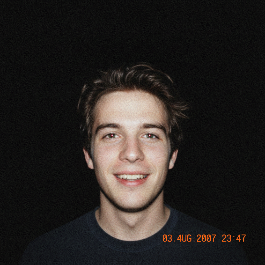 Portrait shot with a harsh direct on-camera flash in the authentic 2007 compact digital camera style, with a slightly overexposed face, subtle red-eye and a pitch-black background
