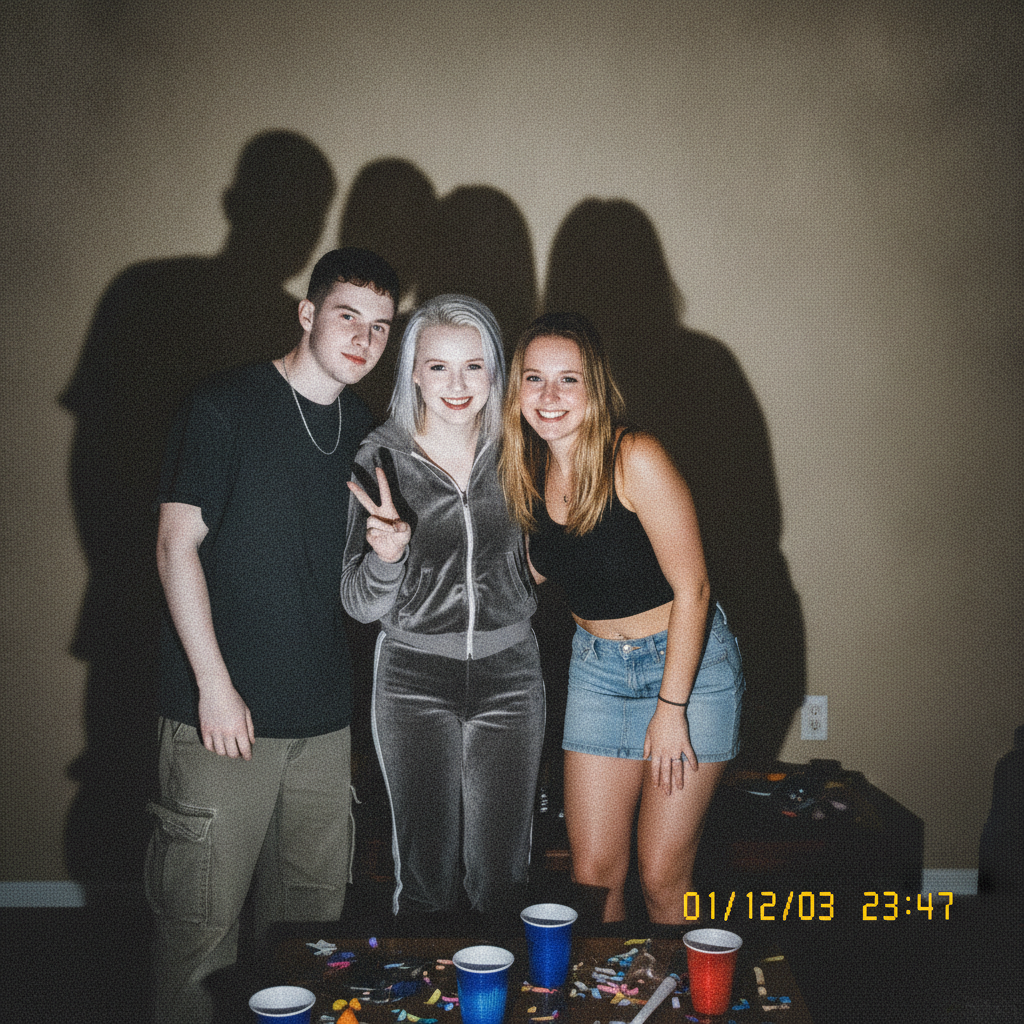 Group of young friends at a party under a direct built-in flash, with washed-out bright skin and deep hard shadows behind them in an early-2000s point-and-shoot digicam look