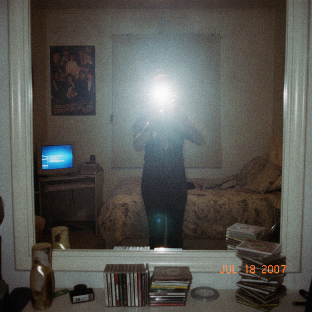 Mirror selfie with the camera flash glaring off the mirror, blown-out highlights and a nostalgic Y2K bedroom in the 2007 digital camera aesthetic