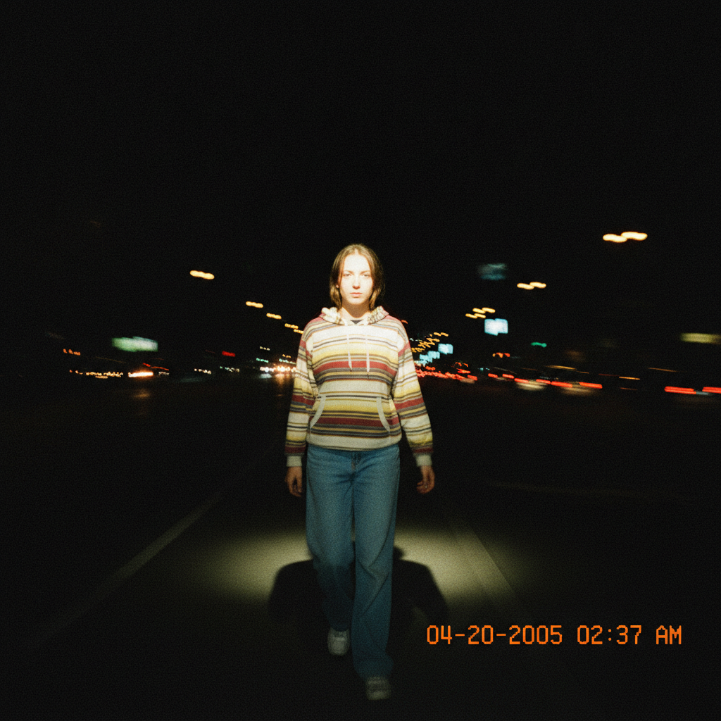 Night street snapshot taken with flash, the subject lit bright against a pitch-black background with an orange date stamp in the corner, like a mid-2000s digicam photo
