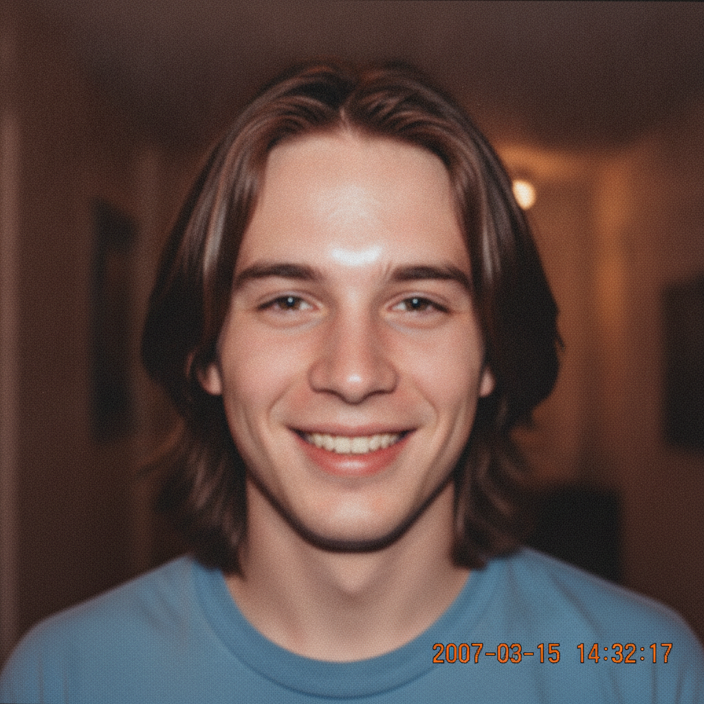 Close-up candid of a smiling person with the flash too bright, a shiny forehead and flat harsh light, plus early digital camera noise and an orange timestamp