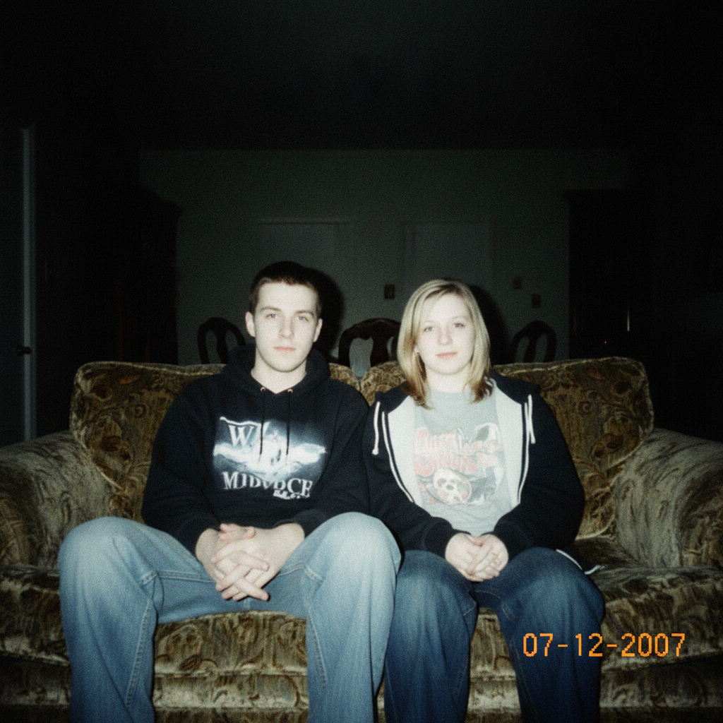 Two people on a couch photographed with direct flash, overexposed in the foreground with deep black background shadows, an authentic 2007 point-and-shoot snapshot