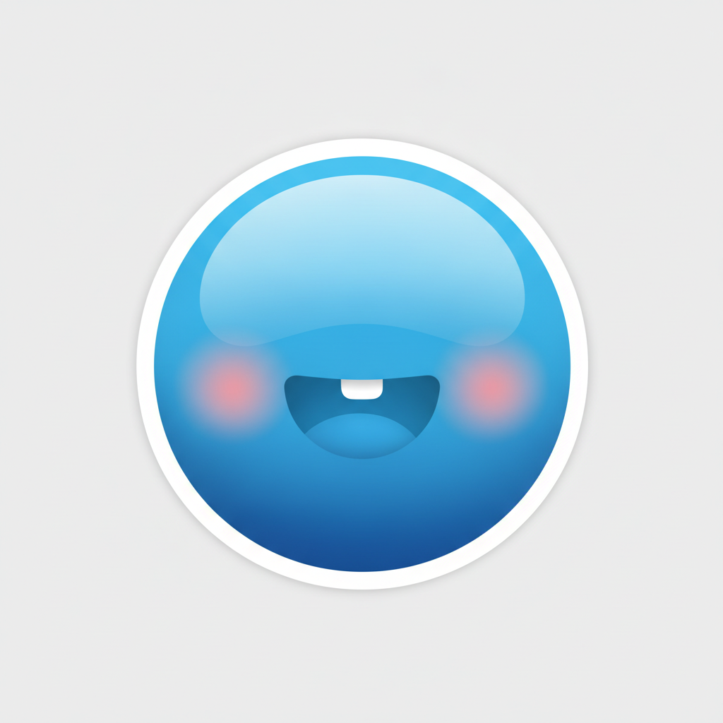Blue emoji sticker maker result showing a glossy blue blob smiley face die-cut sticker with a thick white border and rosy cheeks