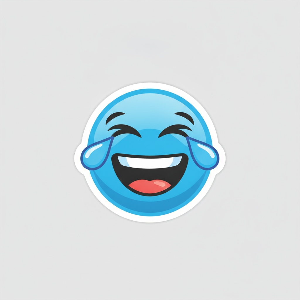 Blue emoji sticker maker result showing a blue blob face crying with laughter, tears of joy, with a bold white sticker outline